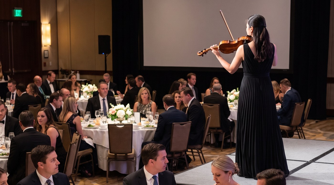 A violinist playing on a riser at a black-tie ballroom dinner, with guests at round tables.