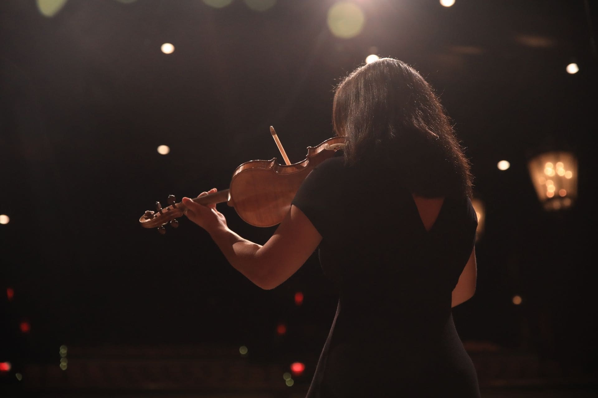 A violinist seen from behind on a concert stage under house lights.