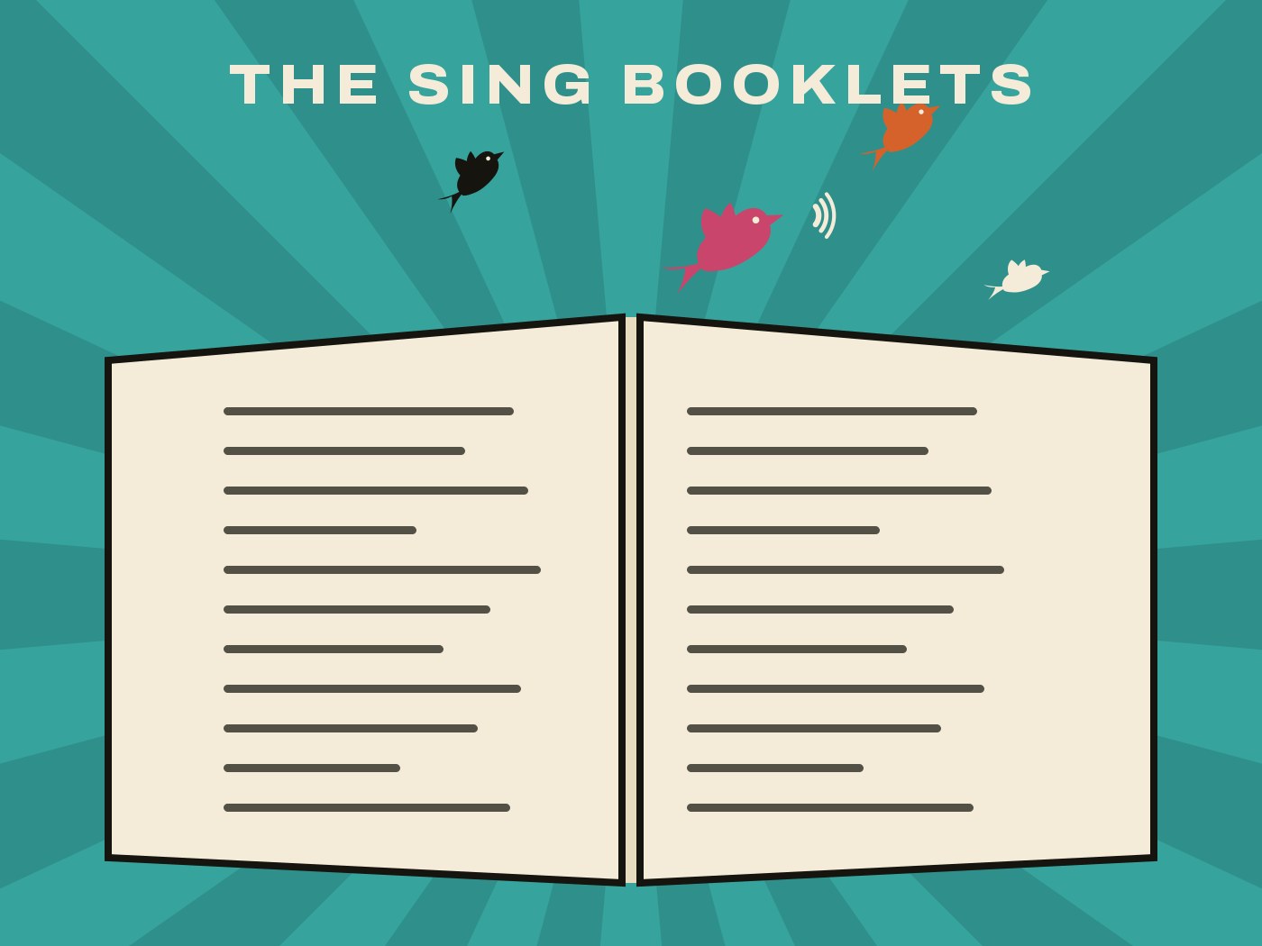 An open booklet of lyric lines with birds rising off the page.
