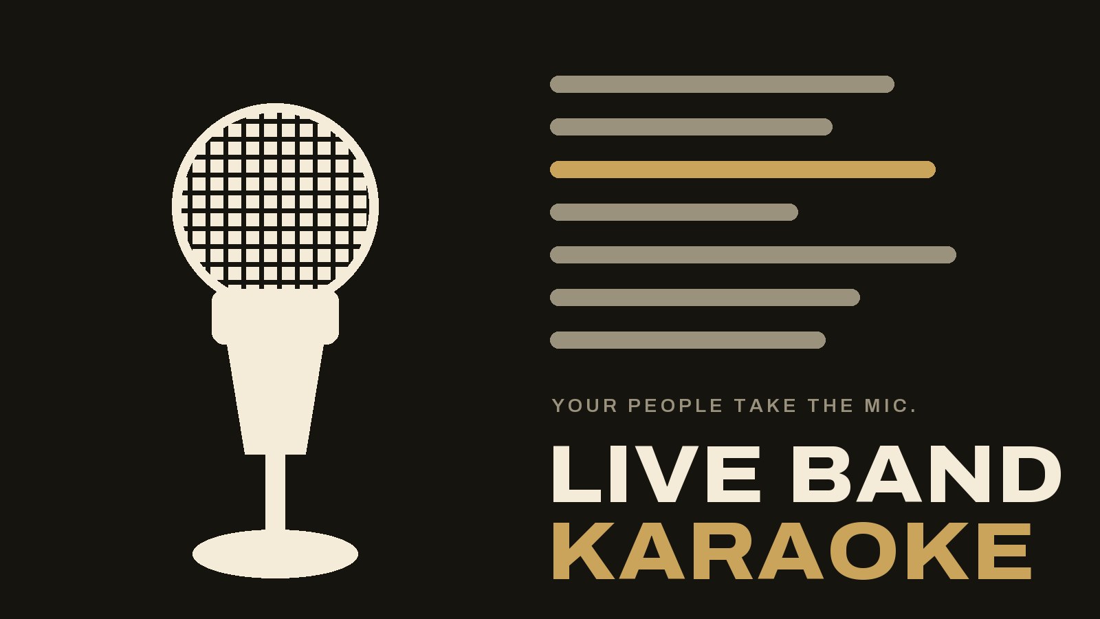 A microphone on a stand beside a lyric screen with one line lit in brass, drawn flat on a dark field.