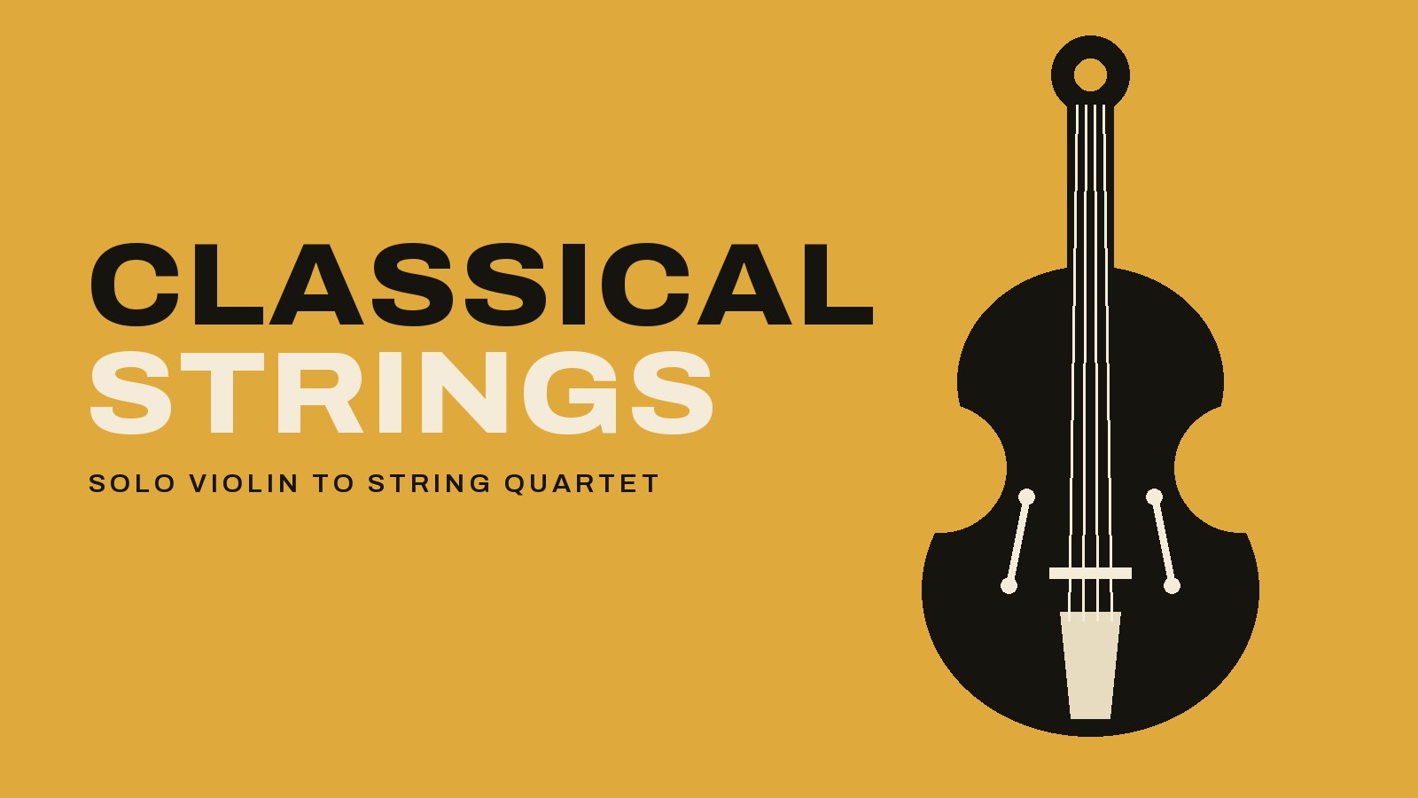 A violin drawn flat in ink on a mustard field, with the words classical strings beside it.