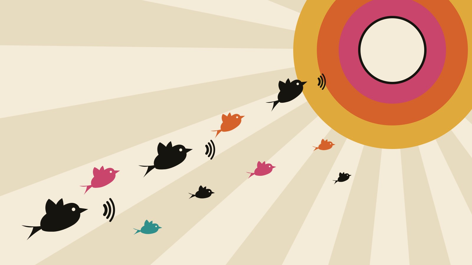 A flock of birds in silhouette flying into a sunburst, drawn in the flat color of a sixties record sleeve.